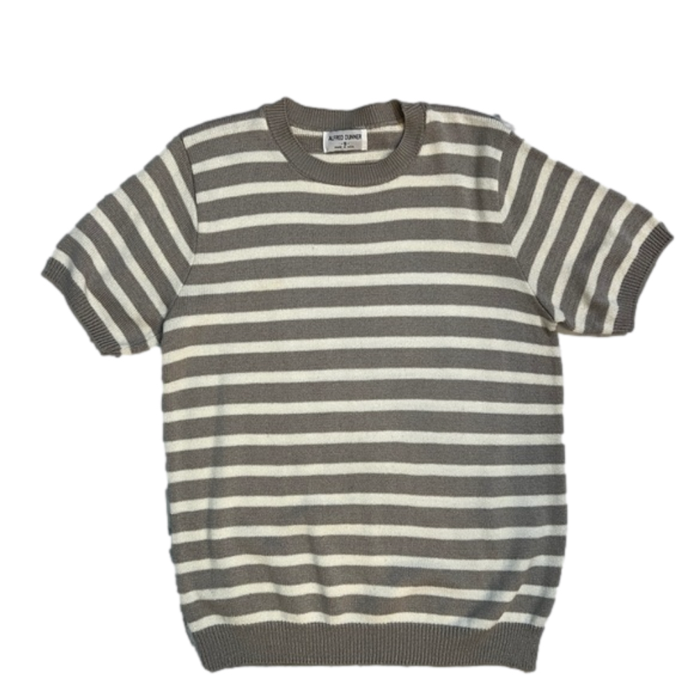 Alfred Dunner taupe and white striped short sleeved roundneck sweater, size S
